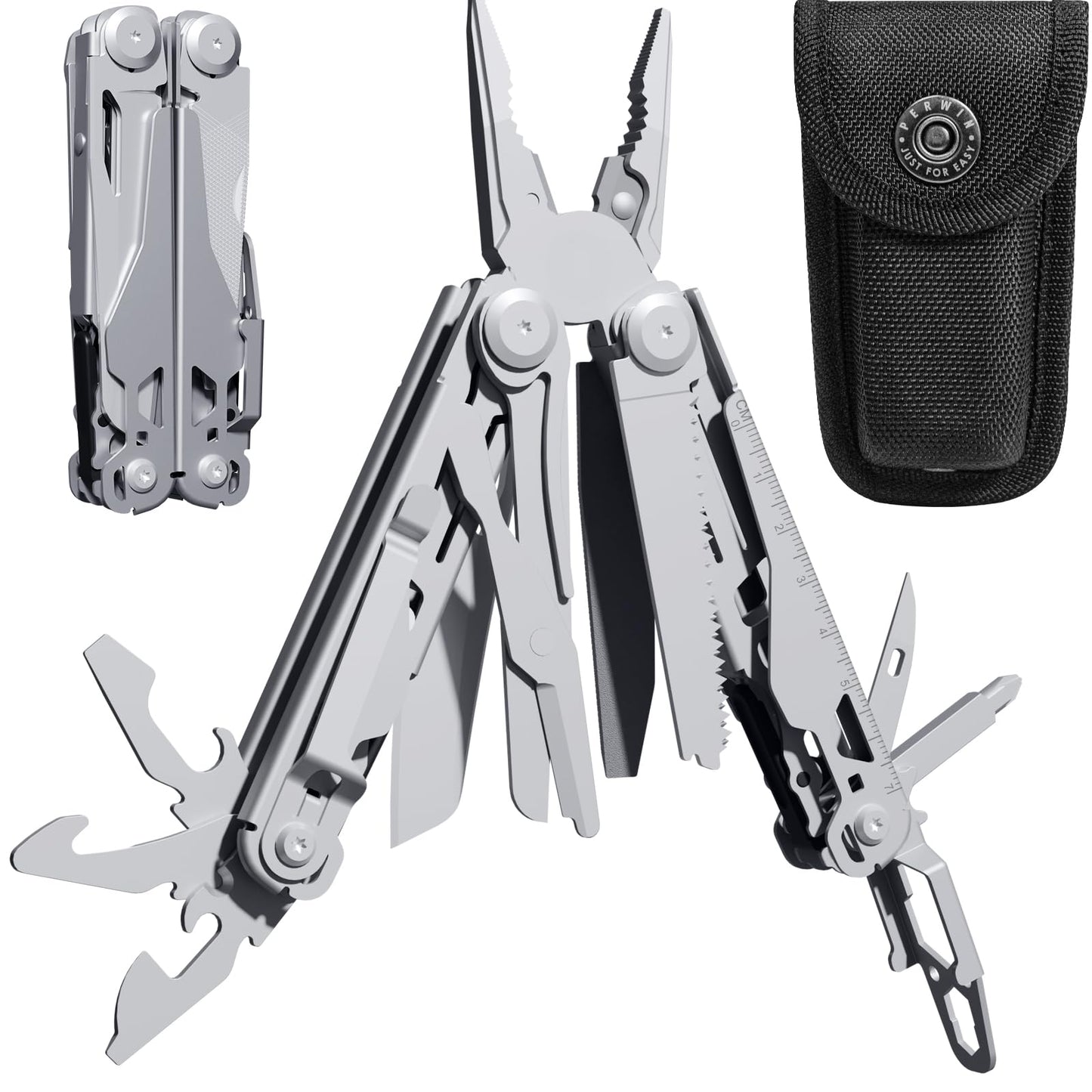 Multitool, 17-in-1 Stainless Steel Multi Tool Pliers with Self-Locking, Pocket Knife, Nylon Sheath, Professional (EDC) Multi-Tool for Survival, Camping and Hunting, Hiking, Simple Repair