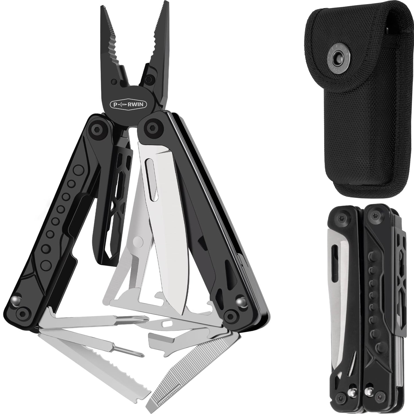 Multitool, 17-in-1 Stainless Steel Multi Tool Pliers with Self-Locking, Pocket Knife, Nylon Sheath, Professional (EDC) Multi-Tool for Survival, Camping and Hunting, Hiking, Simple Repair