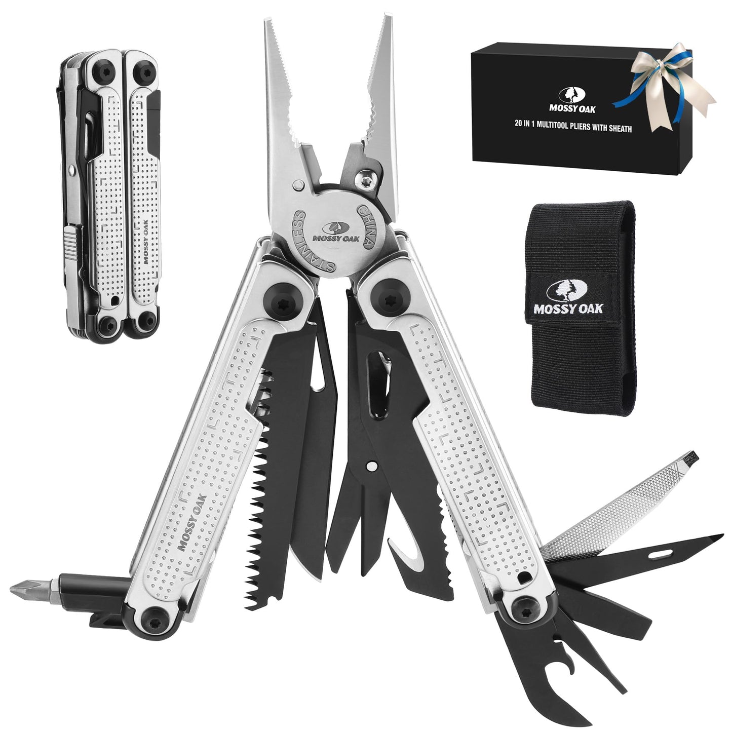 MOSSY OAK Multitool, 20-in-1 Stainless Steel Multi Tool Pliers, Self-locking Pliers with Sheath-Perfect for Outdoor, Survival, Camping, Hiking