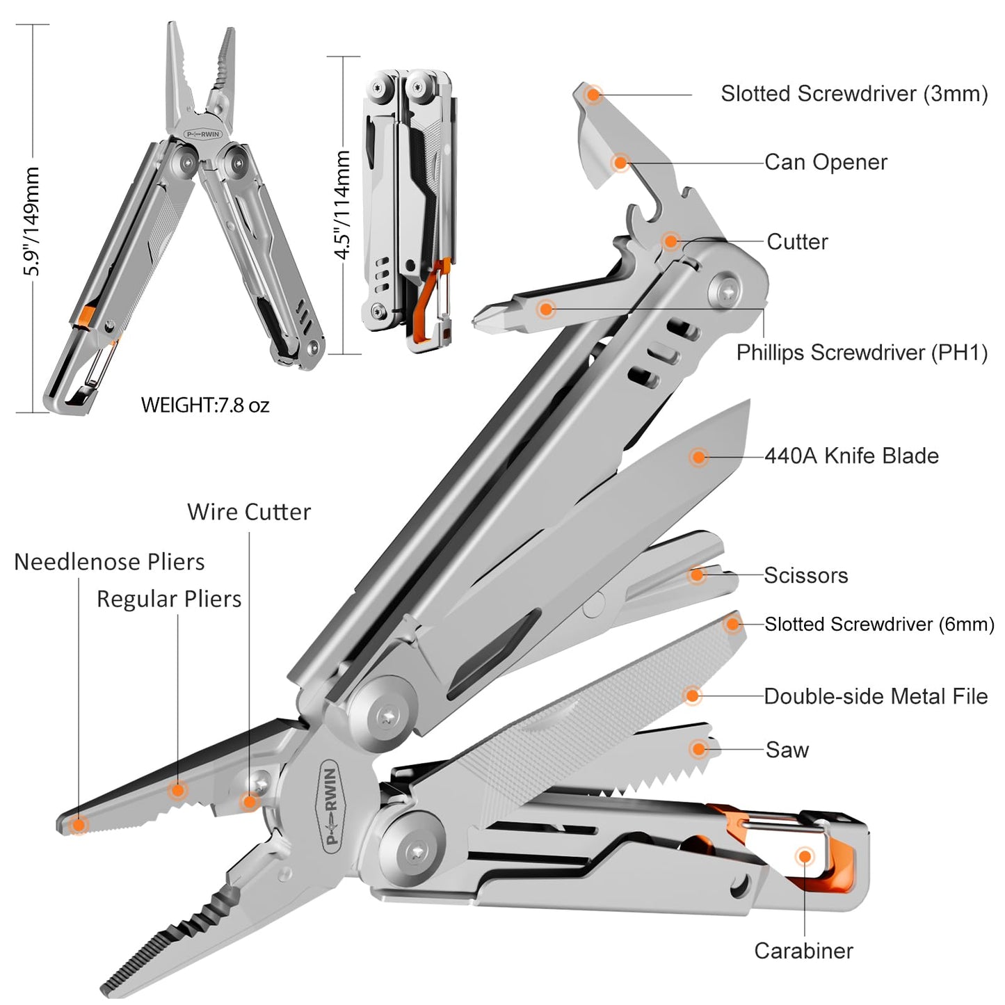 Multitool, 17-in-1 Stainless Steel Multi Tool Pliers with Self-Locking, Pocket Knife, Nylon Sheath, Professional (EDC) Multi-Tool for Survival, Camping and Hunting, Hiking, Simple Repair
