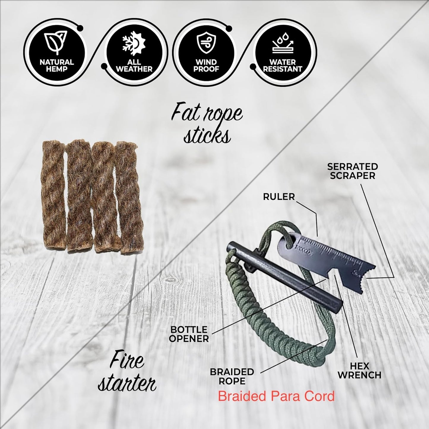 Ultimate Flint Fire Starter Kit with Pouch — Weatherproof Emergency Survival Kit Incl Camping Fire Saw, Magnesium Fire Starter, Fat Rope, Char Cloth, Rope Lighter, & Sticks for Outdoors