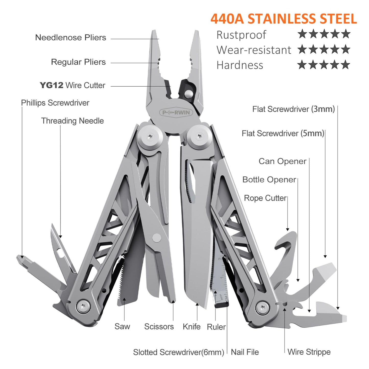 Multitool, 17-in-1 Stainless Steel Multi Tool Pliers with Self-Locking, Pocket Knife, Nylon Sheath, Professional (EDC) Multi-Tool for Survival, Camping and Hunting, Hiking, Simple Repair