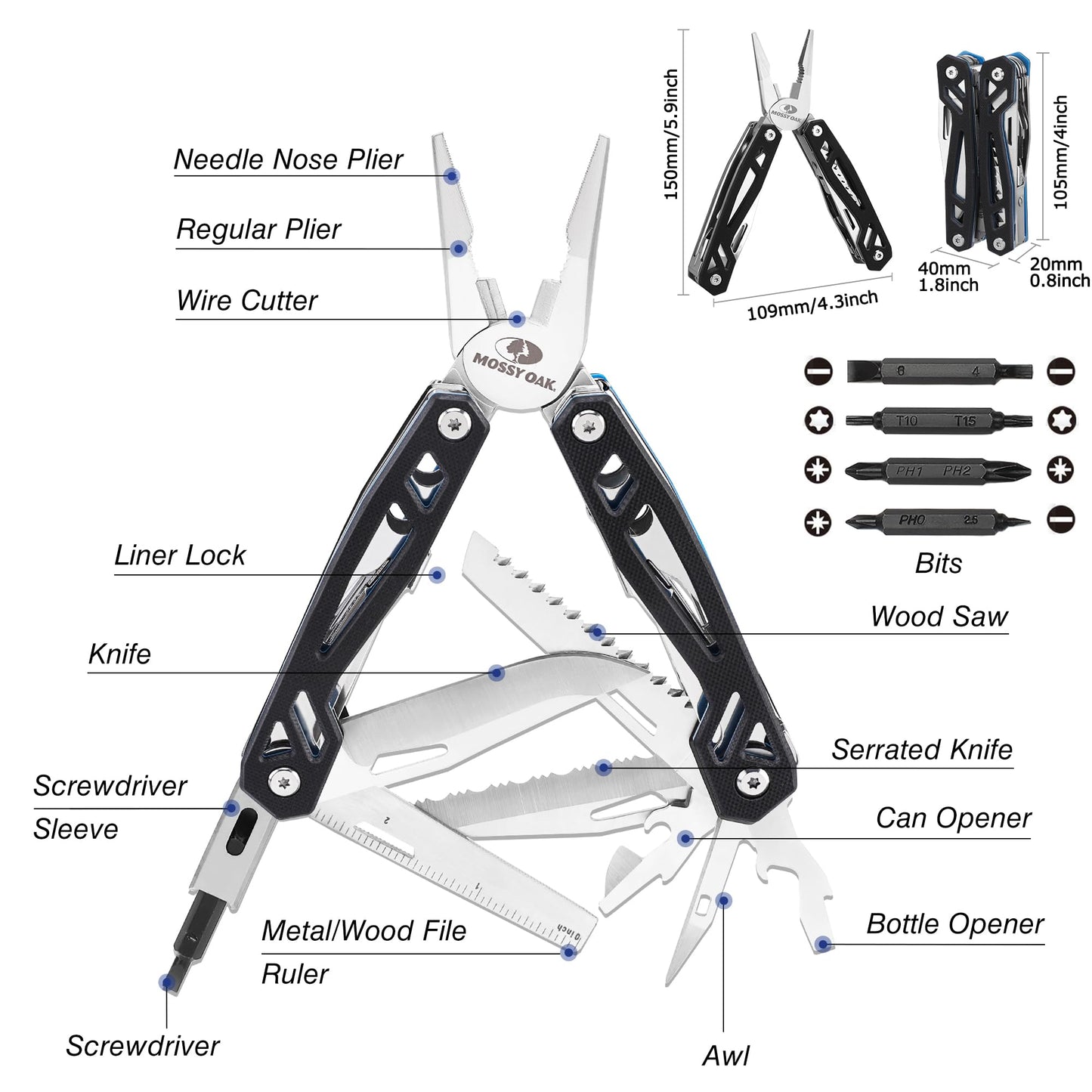MOSSY OAK Multitool, 20-in-1 Stainless Steel Multi Tool Pliers, Self-locking Pliers with Sheath-Perfect for Outdoor, Survival, Camping, Hiking