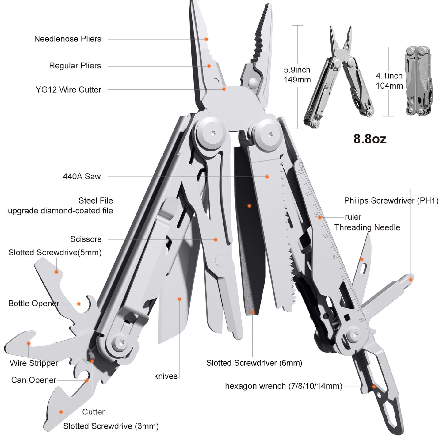 Multitool, 17-in-1 Stainless Steel Multi Tool Pliers with Self-Locking, Pocket Knife, Nylon Sheath, Professional (EDC) Multi-Tool for Survival, Camping and Hunting, Hiking, Simple Repair