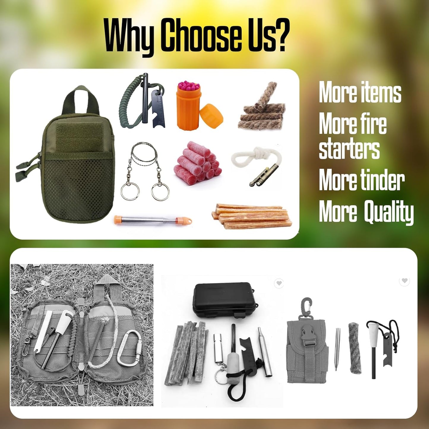 Ultimate Flint Fire Starter Kit with Pouch — Weatherproof Emergency Survival Kit Incl Camping Fire Saw, Magnesium Fire Starter, Fat Rope, Char Cloth, Rope Lighter, & Sticks for Outdoors