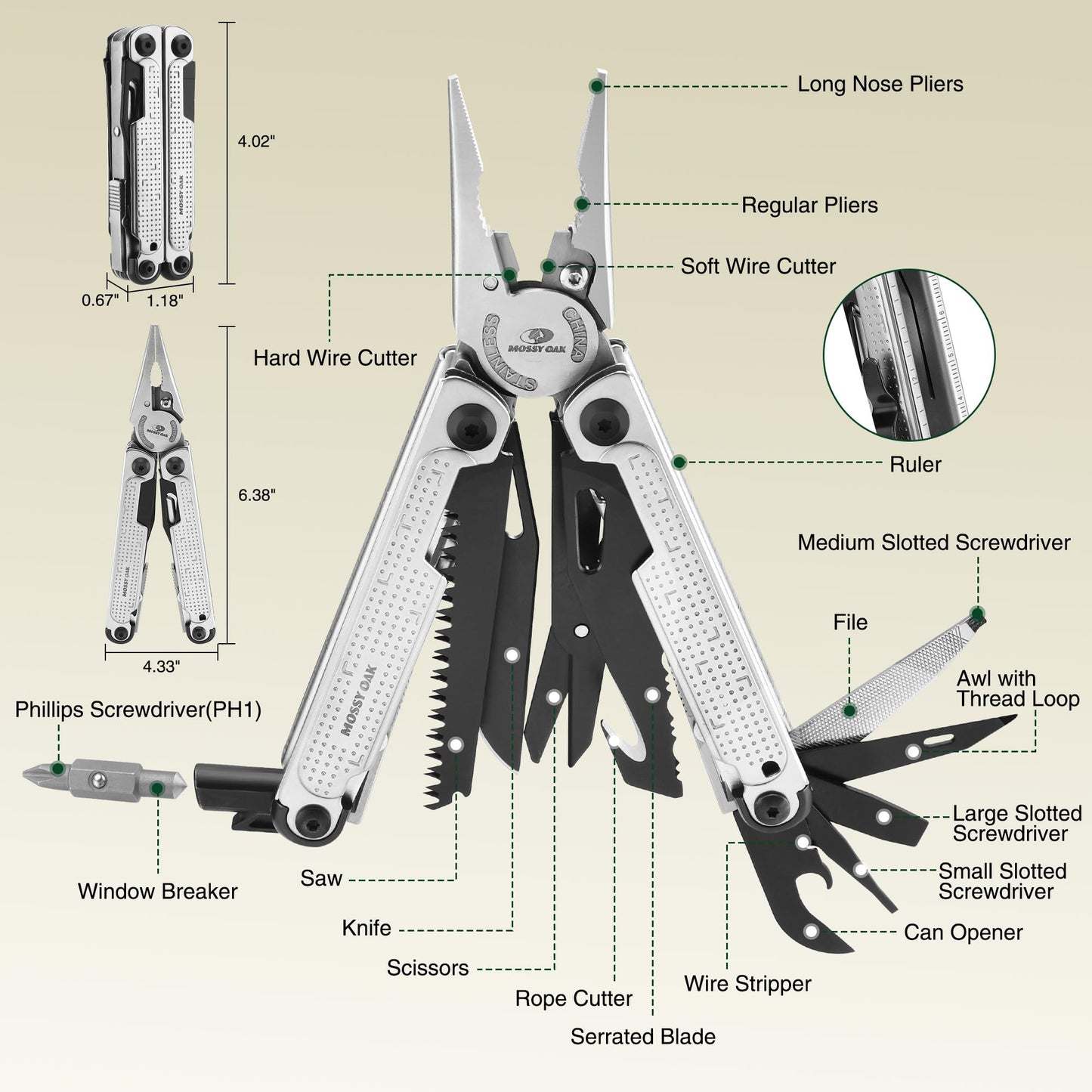 MOSSY OAK Multitool, 20-in-1 Stainless Steel Multi Tool Pliers, Self-locking Pliers with Sheath-Perfect for Outdoor, Survival, Camping, Hiking