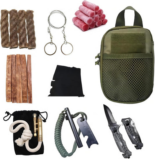 Ultimate Flint Fire Starter Kit with Pouch — Weatherproof Emergency Survival Kit Incl Camping Fire Saw, Magnesium Fire Starter, Fat Rope, Char Cloth, Rope Lighter, & Sticks for Outdoors