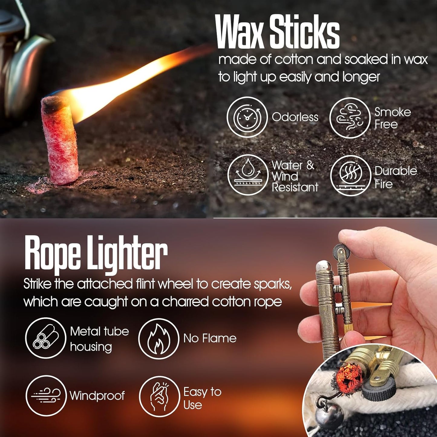 Ultimate Flint Fire Starter Kit with Pouch — Weatherproof Emergency Survival Kit Incl Camping Fire Saw, Magnesium Fire Starter, Fat Rope, Char Cloth, Rope Lighter, & Sticks for Outdoors