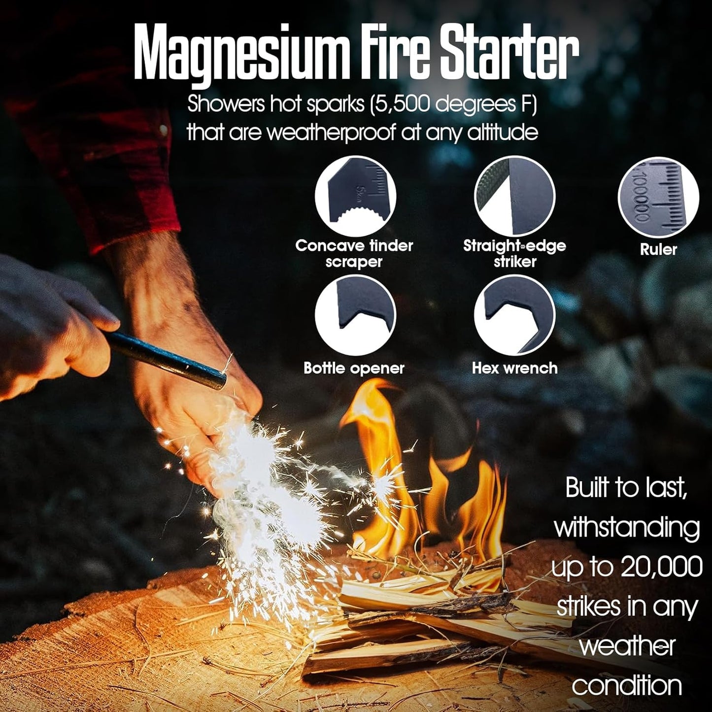 Ultimate Flint Fire Starter Kit with Pouch — Weatherproof Emergency Survival Kit Incl Camping Fire Saw, Magnesium Fire Starter, Fat Rope, Char Cloth, Rope Lighter, & Sticks for Outdoors